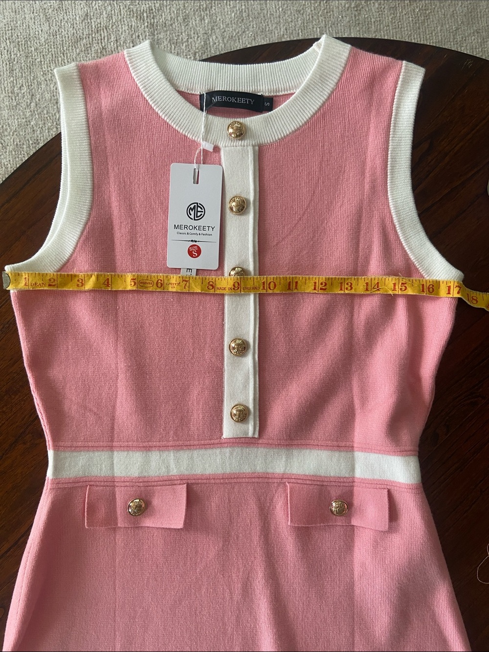 Sleeveless Pink Mini Dress with White Trim and Gold Buttons - Picture 4 of 6